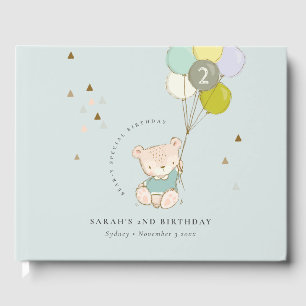 Cute Aqua Blue Bear Balloon Any Age Birthday Guest Book
