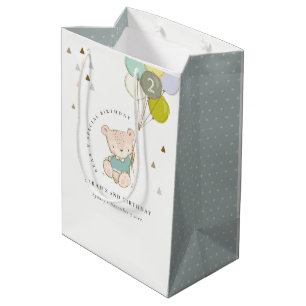 Cute Aqua Blue Bear Balloon Any Age Birthday Medium Gift Bag