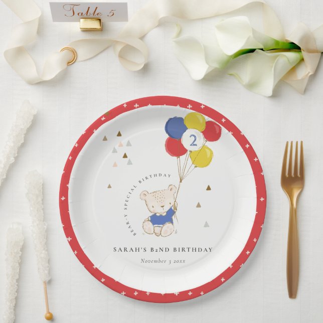 Cute Aqua Blue Bear Balloon Any Age Birthday Paper Plate (Wedding)
