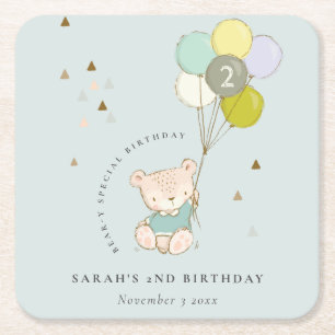 Cute Aqua Blue Bear Balloon Any Age Birthday Square Paper Coaster