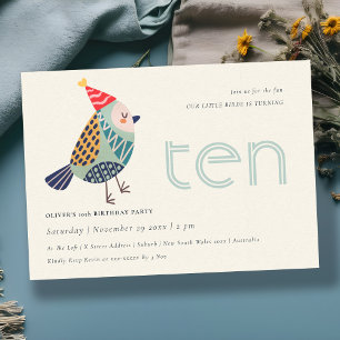 Cute Aqua Blue Birdie Any Age 10th Birthday Invite