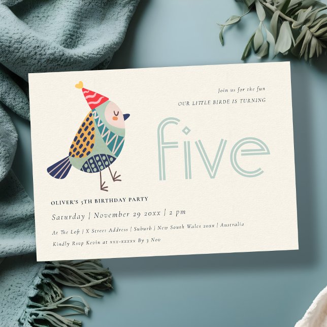 Cute Aqua Blue Birdie Any Age 5th Birthday Invite (Creator Uploaded)