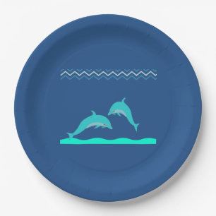 Cute Aqua Blue Dolphin Water Baby Shower Paper Plate