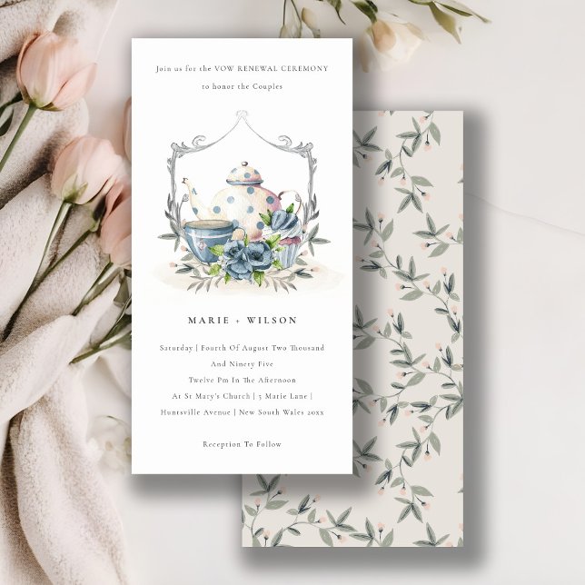 Cute Aqua Blue Flora Teapot Cup Vow Renewal Invite (Creator Uploaded)
