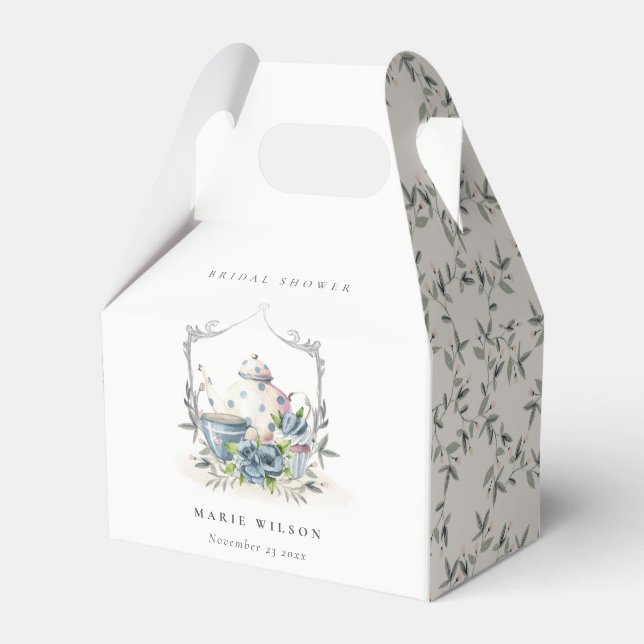 Cute Aqua Blue Floral Teapot Crest Bridal Shower Favor Box (Front Side)
