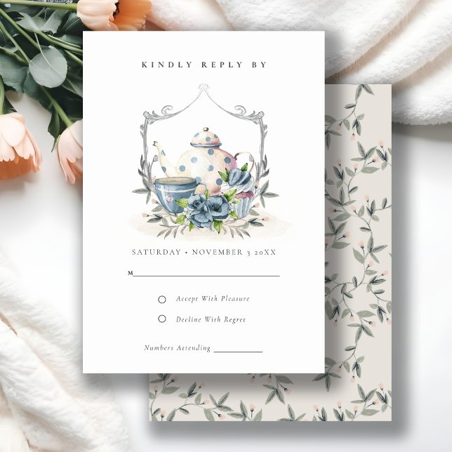 Cute Aqua Blue floral Teapot Cup Crest Wedding RSVP Card (Creator Uploaded)