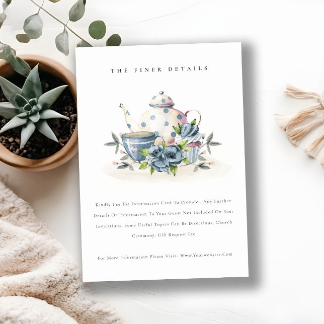 Cute Aqua Blue Floral Teapot Cup Wedding Details Enclosure Card (Creator Uploaded)