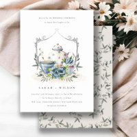 Cute Aqua Blue Floral Teapot Cup Wedding Invite