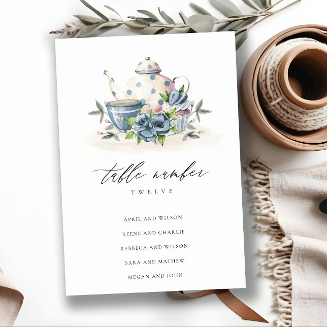 Cute Aqua Blue Floral Teapot Cup Wedding Seating Table Number (Creator Uploaded)