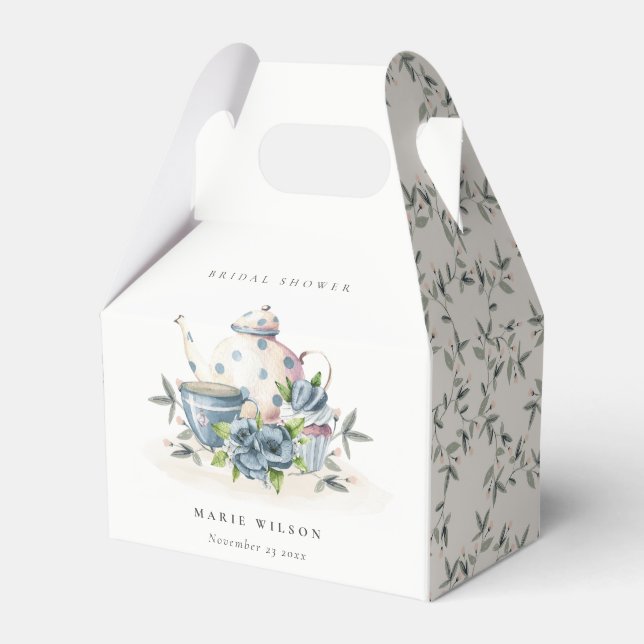 Cute Aqua Blue Floral Teapot Cups Bridal Shower Favor Box (Front Side)