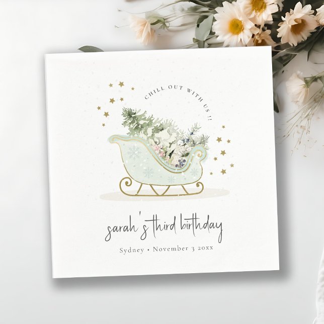 Cute Aqua Blue Gold Winter Sleigh Any Age Birthday Napkin (Creator Uploaded)