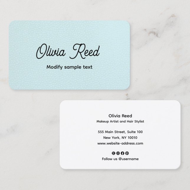 Cute Aqua Blue Leather Retro Script Business Card (Front/Back)