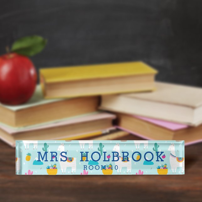 Cute Aqua Blue Llama Pattern Teacher's Nameplate (Creator Uploaded)