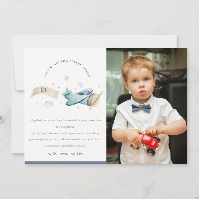 Cute Aqua Blue Plane Clouds Kids Photo Birthday Thank You Card (Front)