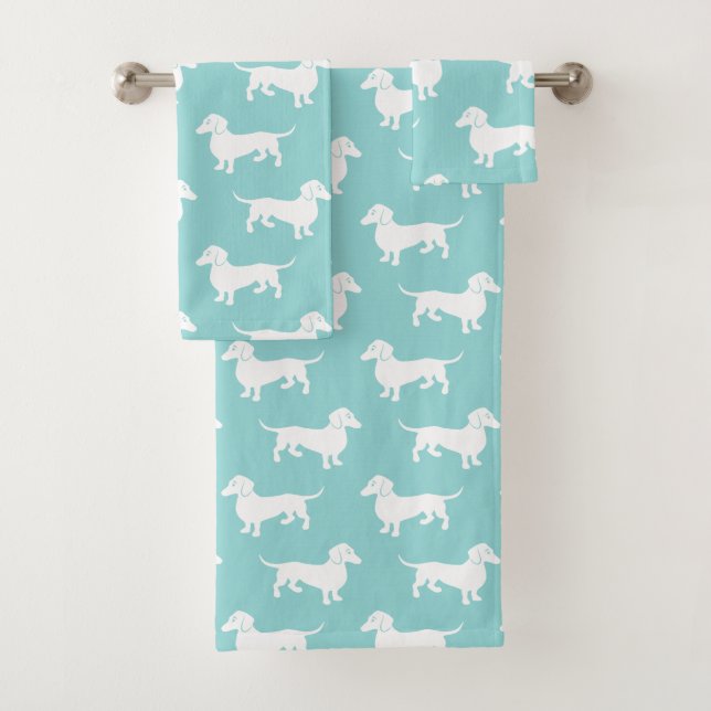 Cute Aqua Dachshund Pattern Customizable Colour Bath Towel Set (Insitu)