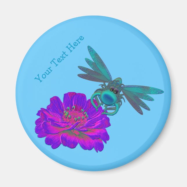 Cute Aqua Dragonfly On Flower Magnet (Front)