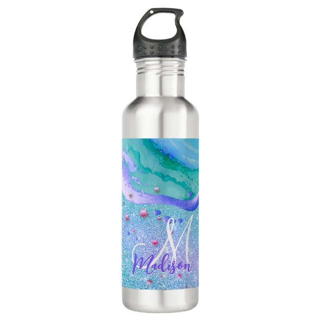 Cute aqua glitter purple marble art monogram 710 ml water bottle (Front)