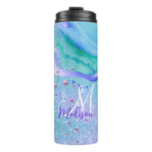 Cute aqua glitter purple marble art monogram thermal tumbler