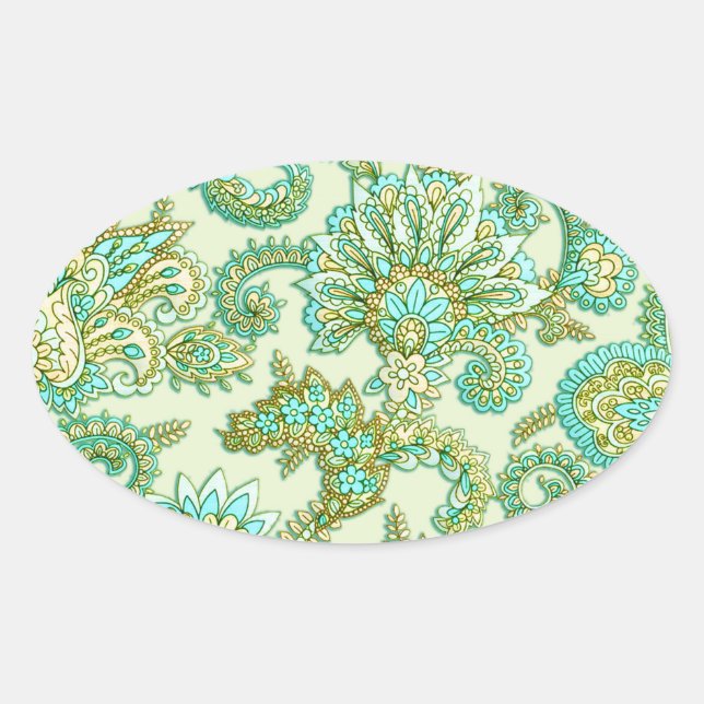 Cute Aqua Gold Paisley Floral Pattern Oval Sticker (Front)
