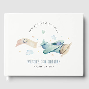 Cute Aqua Green Blue Plane Cloud Heart Birthday Guest Book
