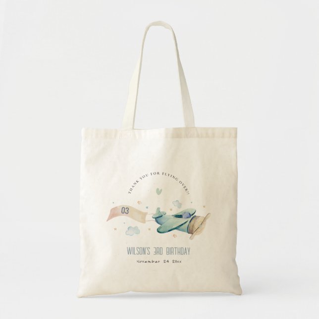 Cute Aqua Green Blue Plane Cloud Heart Birthday Tote Bag (Front)