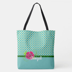 Cute Aqua & Green Pattern Pink Rose Personalized Tote Bag