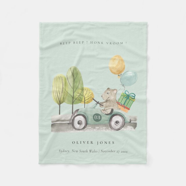 Cute Aqua Green Teddy Balloon Gift Party Car Fleece Blanket (Front)