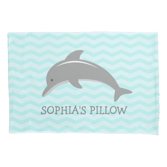 Cute aqua grey dolphin kids bedroom pillowcase (Front)