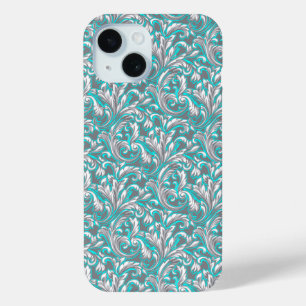 Cute aqua grey seamless floral pattern iPhone 15 case
