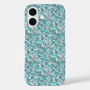 Cute aqua grey seamless floral pattern iPhone 16 case