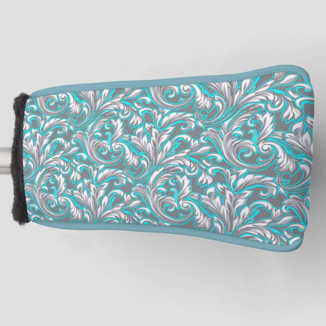 Cute aqua grey seamless floral pattern lamp shade golf head cover (Front)