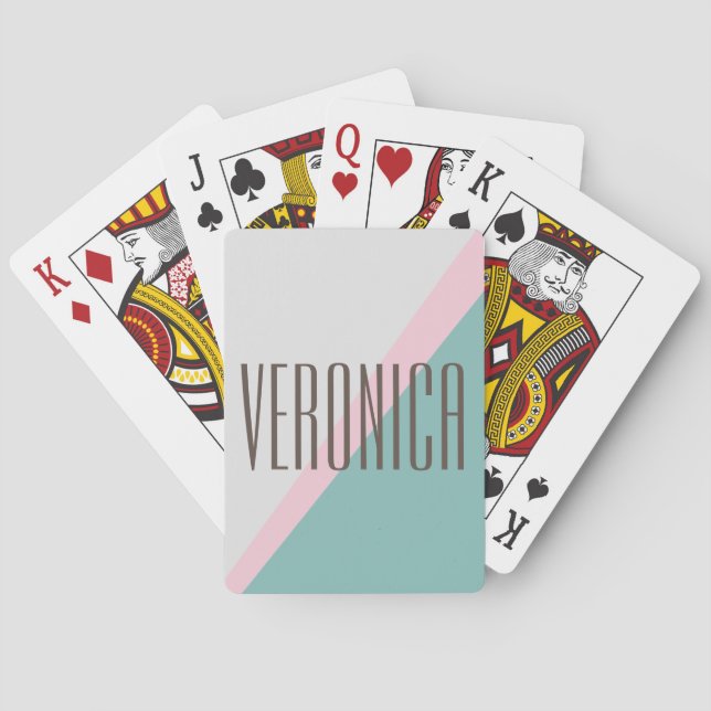 Cute Aqua Pink Geometric Personalized Name Chic Playing Cards (Back)