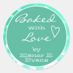 Cute Aqua Teal Green Orbs Frame Baked with Love Classic Round Sticker