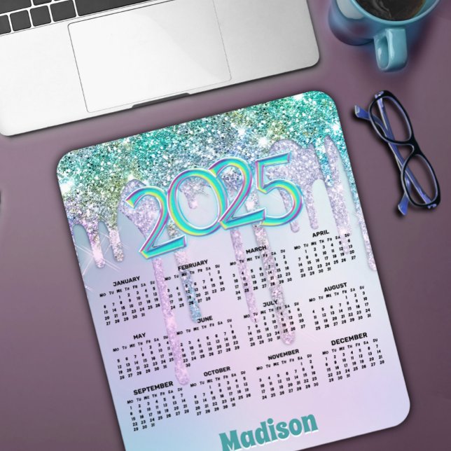 Cute Aqua Turquoise Glitter Drips 2025 calendar  Mouse Pad (Creator Uploaded)