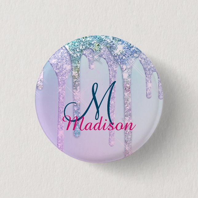 Cute Aqua Turquoise Unicorn Glitter Drips monogram 1 Inch Round Button (Front)