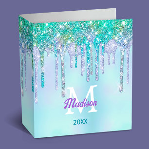 Cute Aqua Turquoise Unicorn Glitter Drips monogram Binder