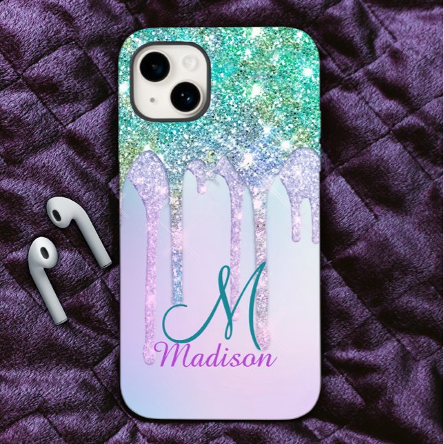 Cute Aqua Turquoise Unicorn Glitter Drips monogram Case-Mate iPhone Case (Creator Uploaded)
