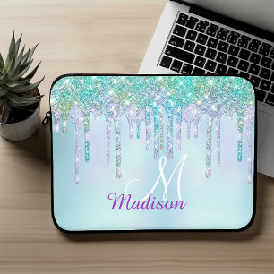 Cute Aqua Turquoise Unicorn Glitter Drips monogram Laptop Sleeve