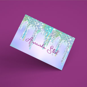 Cute Aqua Turquoise Unicorn Glitter Drips monogram Magnetic Business Card