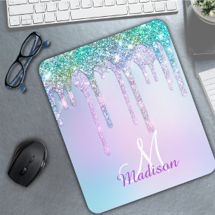 Cute Aqua Turquoise Unicorn Glitter Drips monogram Mouse Pad