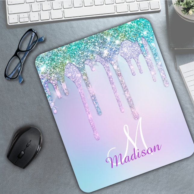 Cute Aqua Turquoise Unicorn Glitter Drips monogram Mouse Pad (Creator Uploaded)