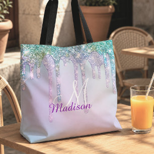 Cute Aqua Turquoise Unicorn Glitter Drips monogram Tote Bag