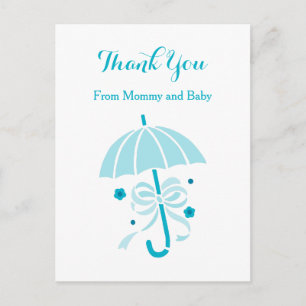 Cute Aqua Umbrella and Bow Baby Shower Thank You Announcement Postcard