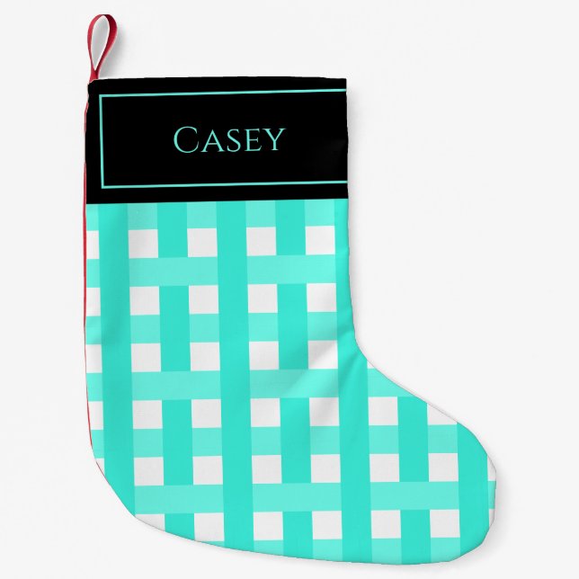 Cute Aqua White Black Plaid Name Small Christmas Stocking (Front)