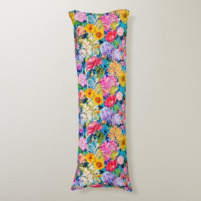 Cute aqua yellow elegant Floral pattern Body Pillow (Front Vertical)