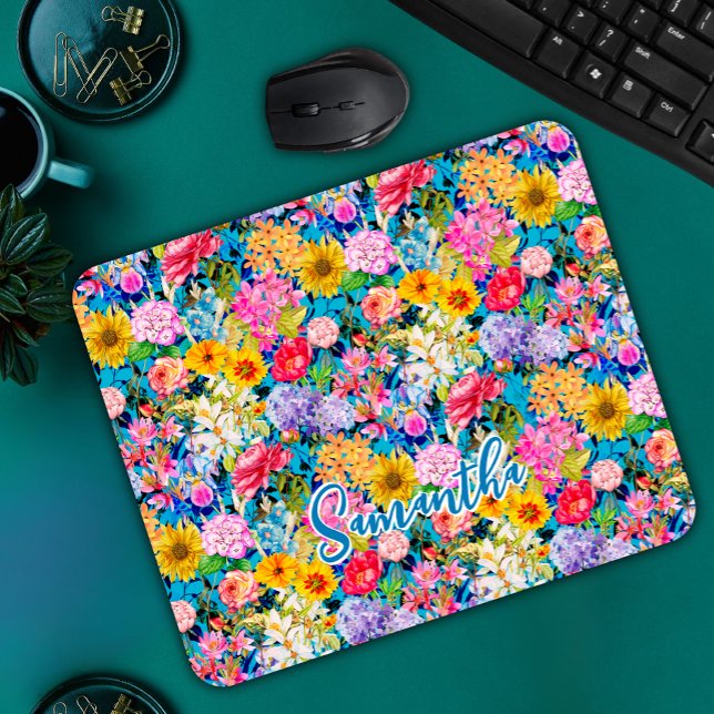Cute aqua yellow elegant Floral pattern monogram Mouse Pad (Creator Uploaded)