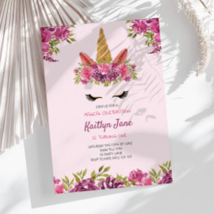 Cute Aquarelle Florale Unicorne rose Invitation