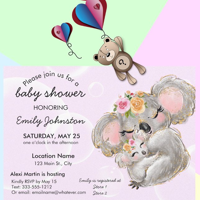 Cute aquarelle Koala Baby shower rose Invitation (Créateur téléchargé)