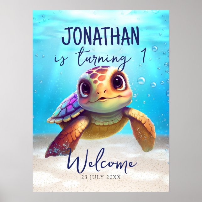 Cute Aquarelle Tortue Affiche de bienvenue d'anniv (Devant)