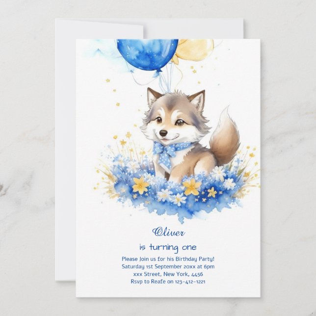 Cute Aquarelle Wolf Première Invitation d'annivers (Devant)